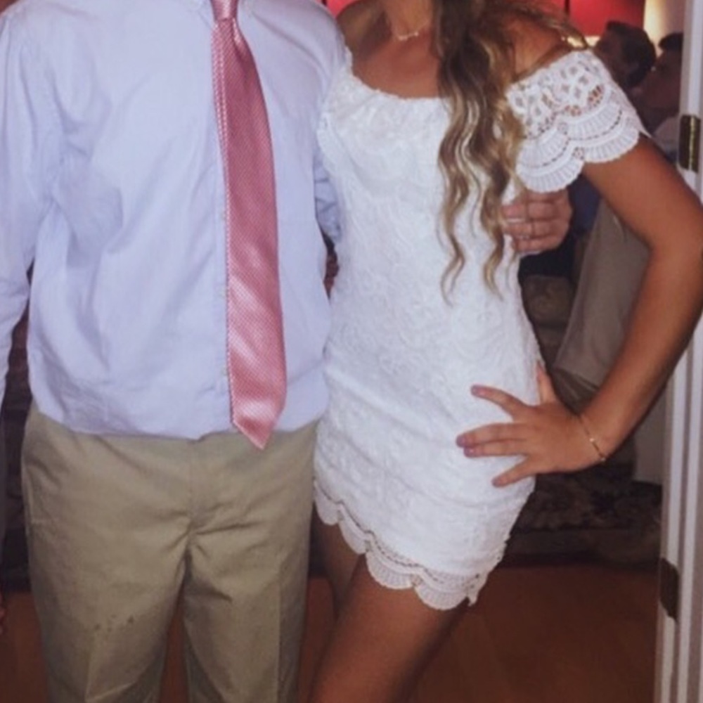 White scalloped lace mini dress
